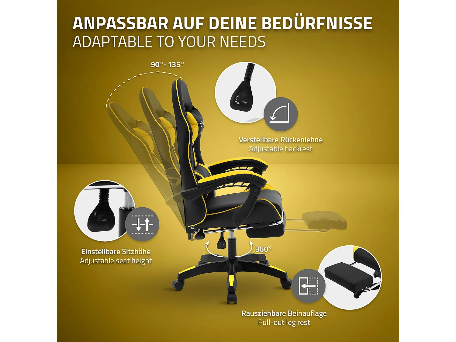 Chaise de gaming ergonomique noir jaune synthétique avec coussins de soutien repose-pieds intégré hauteur réglable dossier inclinable rotation à 360°