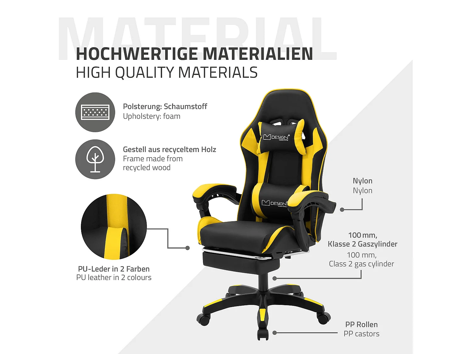 Chaise de gaming ergonomique noir jaune synthétique avec coussins de soutien repose-pieds intégré hauteur réglable dossier inclinable rotation à 360°