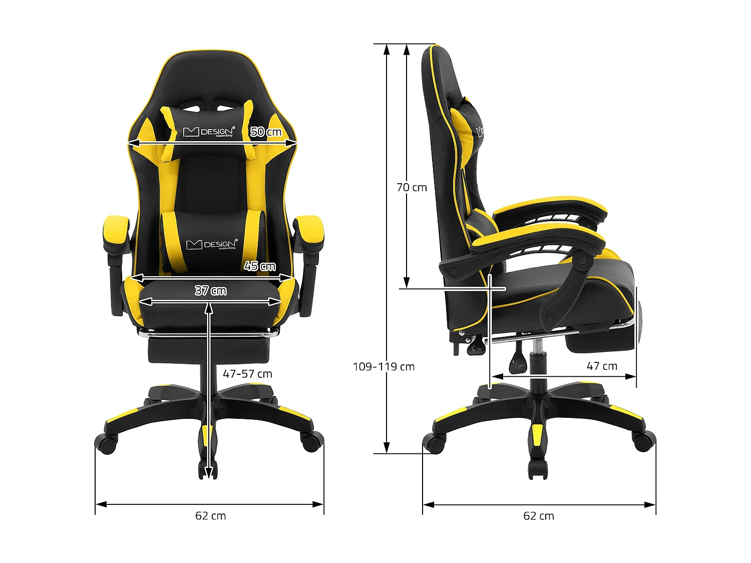 Chaise de gaming ergonomique noir jaune synthétique avec coussins de soutien repose-pieds intégré hauteur réglable dossier inclinable rotation à 360°