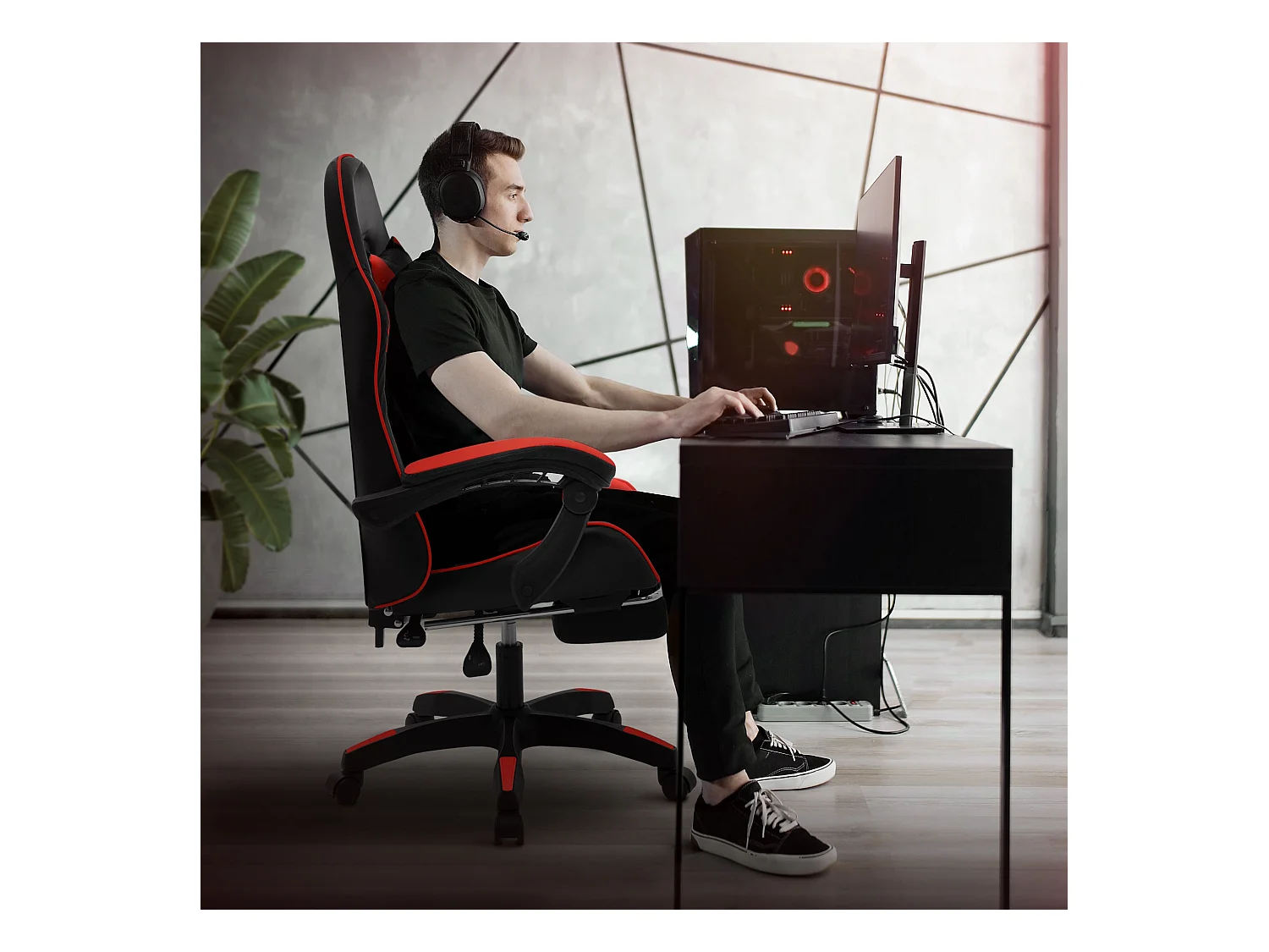 ML-Design Sedia da gaming ergonomica in similpelle rosso, con poggiapiedi e poggiatesta, poltrona da gioco girevole, ideale per scrivania o ufficio