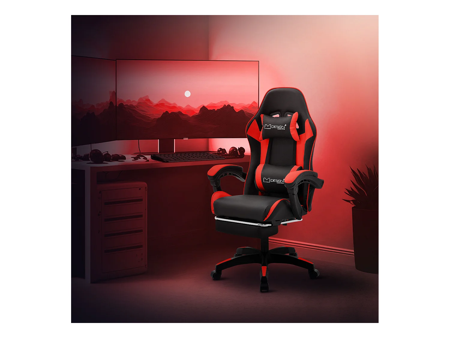 ML-Design Sedia da gaming ergonomica in similpelle rosso, con poggiapiedi e poggiatesta, poltrona da gioco girevole, ideale per scrivania o ufficio