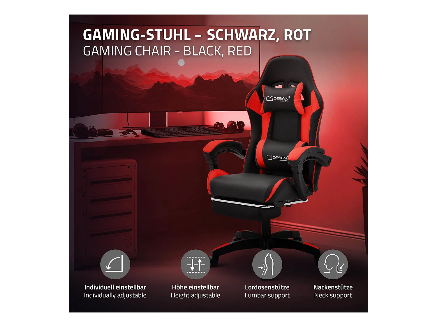 ML-Design Sedia da gaming ergonomica in similpelle rosso, con poggiapiedi e poggiatesta, poltrona da gioco girevole, ideale per scrivania o ufficio