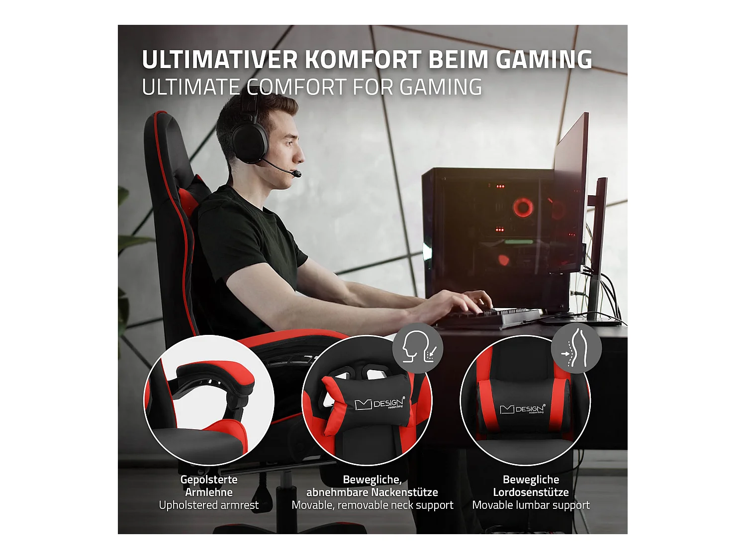 ML-Design Sedia da gaming ergonomica in similpelle rosso, con poggiapiedi e poggiatesta, poltrona da gioco girevole, ideale per scrivania o ufficio