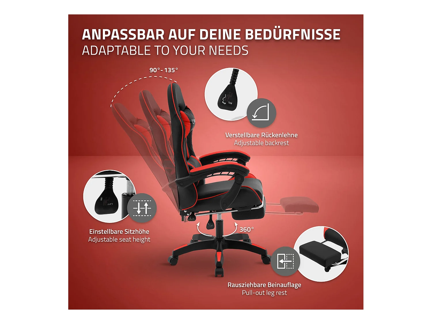 ML-Design Sedia da gaming ergonomica in similpelle rosso, con poggiapiedi e poggiatesta, poltrona da gioco girevole, ideale per scrivania o ufficio
