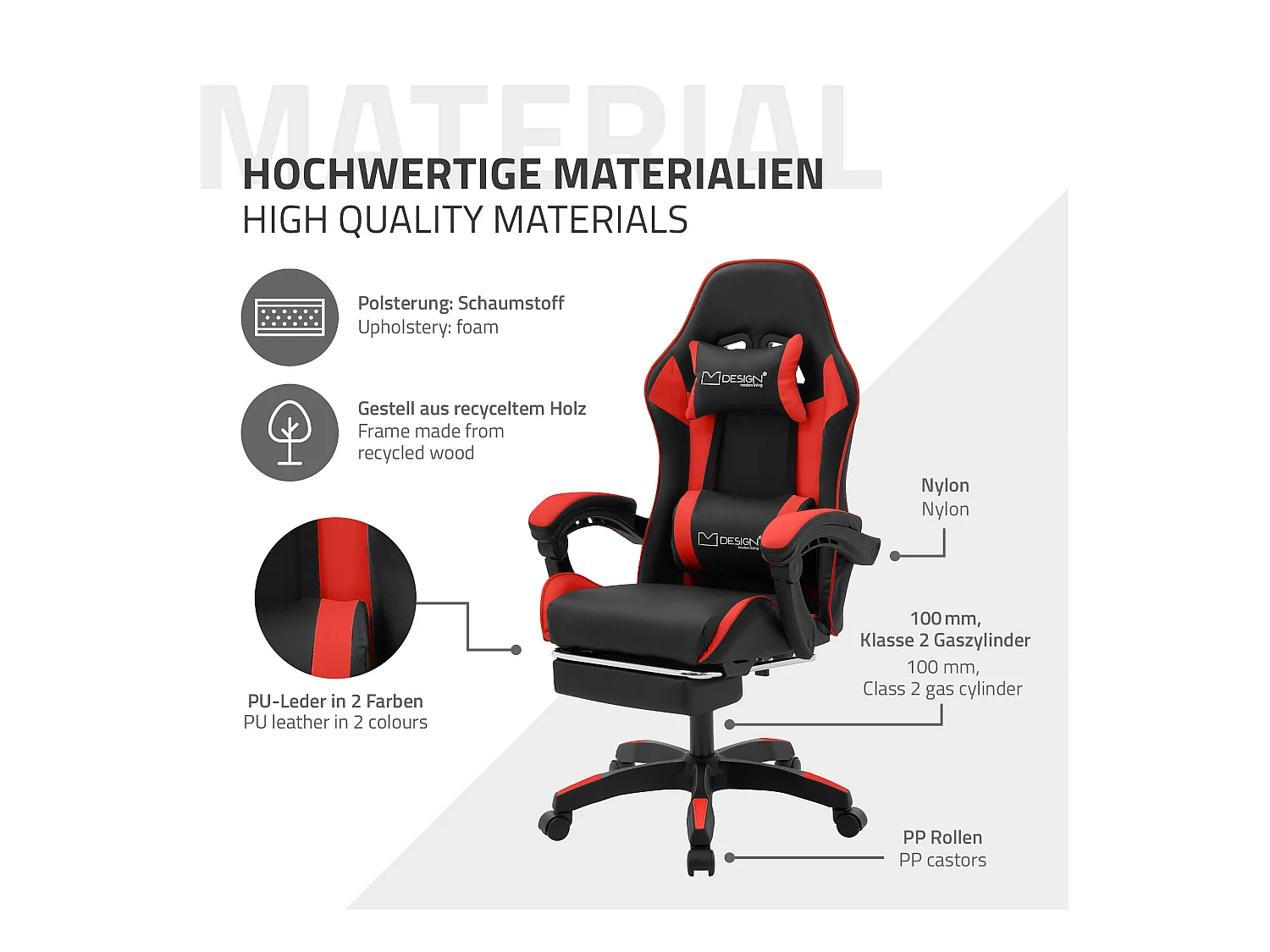 ML-Design Sedia da gaming ergonomica in similpelle rosso, con poggiapiedi e poggiatesta, poltrona da gioco girevole, ideale per scrivania o ufficio