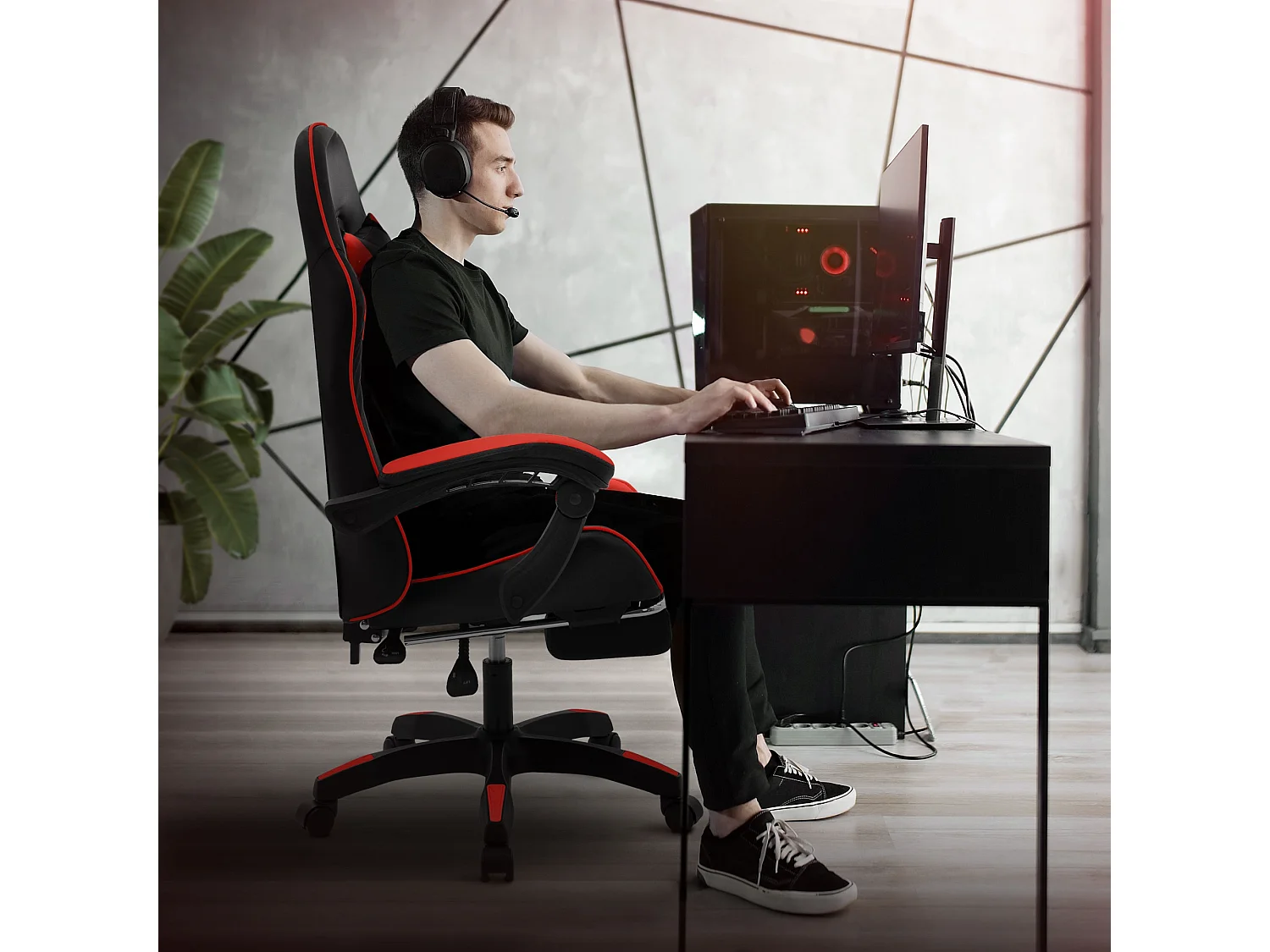 Chaise de gaming ergonomique noir rouge synthétique avec coussins de soutien repose-pieds intégré hauteur réglable dossier inclinable rotation 360°