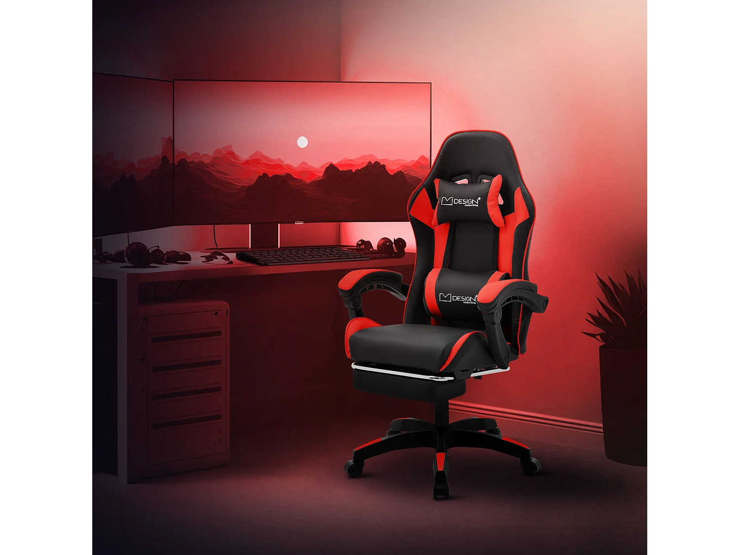 Chaise de gaming ergonomique noir rouge synthétique avec coussins de soutien repose-pieds intégré hauteur réglable dossier inclinable rotation 360°