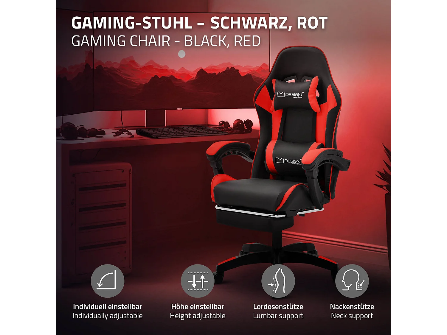 Chaise de gaming ergonomique noir rouge synthétique avec coussins de soutien repose-pieds intégré hauteur réglable dossier inclinable rotation 360°