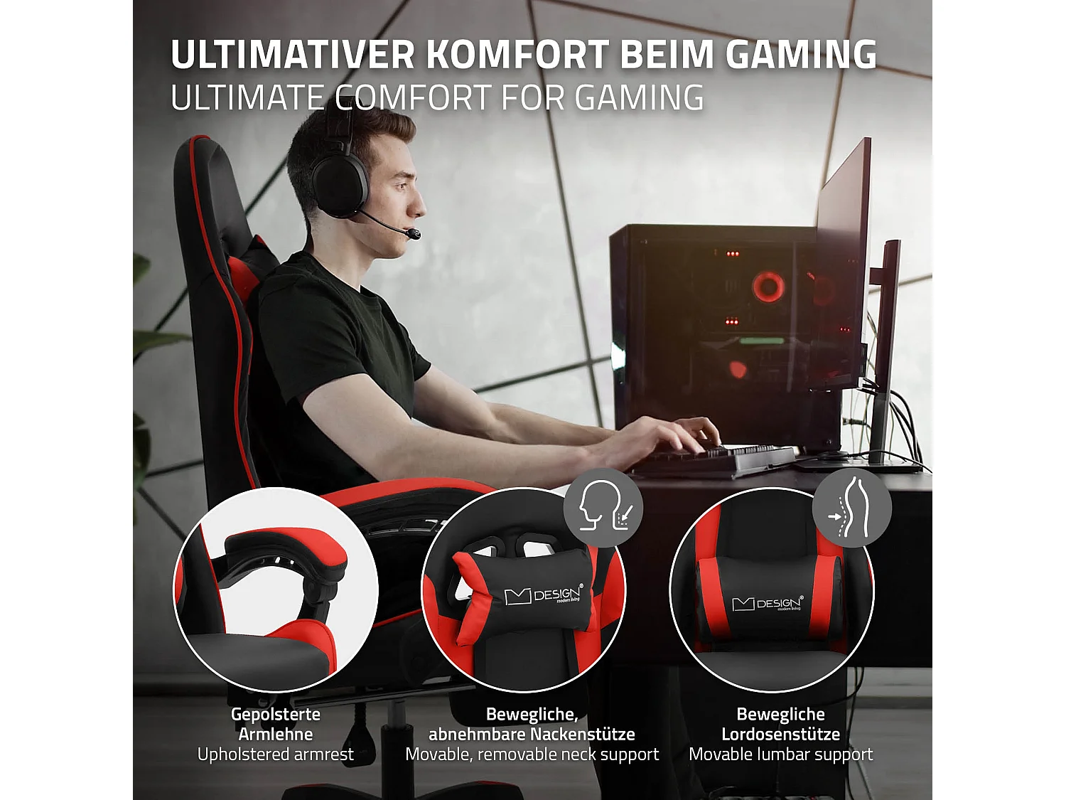 Chaise de gaming ergonomique noir rouge synthétique avec coussins de soutien repose-pieds intégré hauteur réglable dossier inclinable rotation 360°