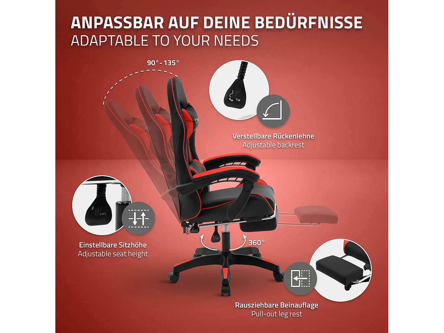 Chaise de gaming ergonomique noir rouge synthétique avec coussins de soutien repose-pieds intégré hauteur réglable dossier inclinable rotation 360°