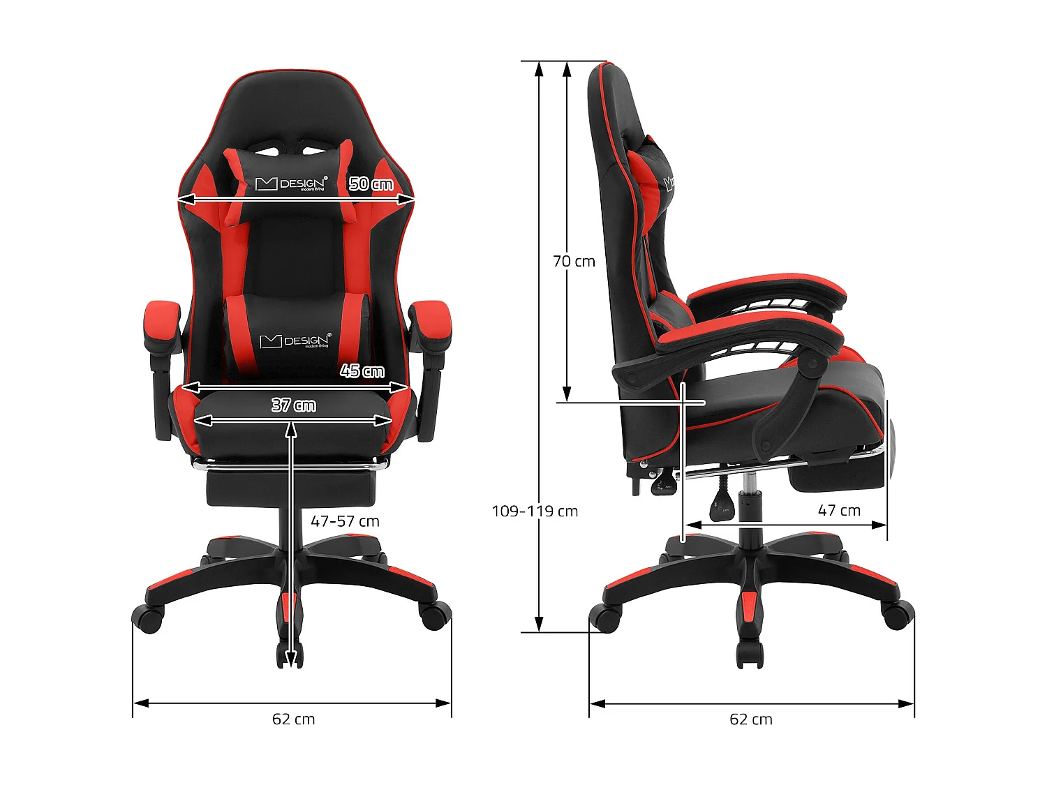 Chaise de gaming ergonomique noir rouge synthétique avec coussins de soutien repose-pieds intégré hauteur réglable dossier inclinable rotation 360°