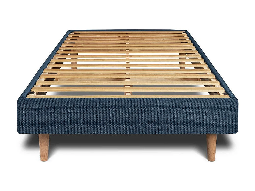Lit 90x200cm avec tête de lit tapissier tissu et sommier kit Bleu - Hauteur totale : 29cm