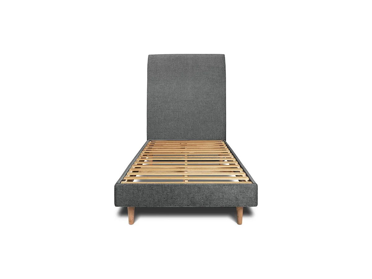 Lit 90x200cm avec tête de lit tapissier tissu et sommier kit gris anthracite - Hauteur totale : 29cm