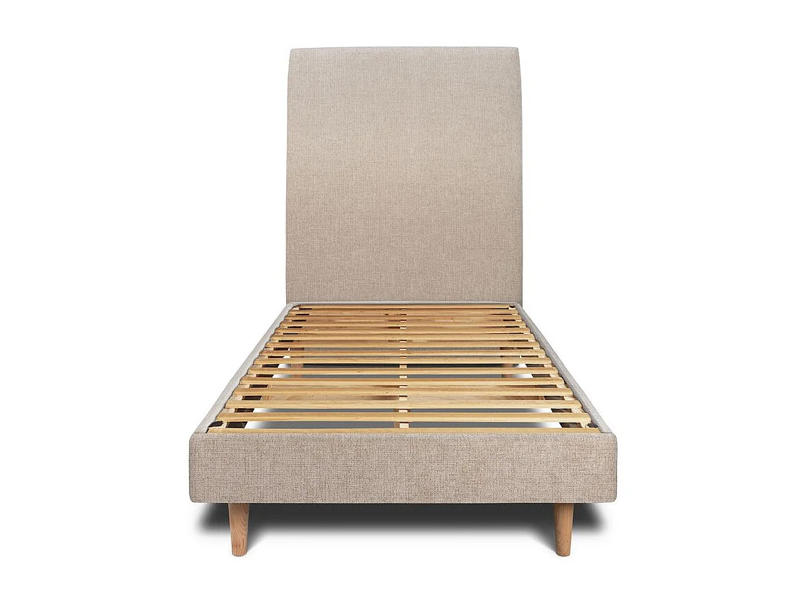 Lit 90x200cm avec tête de lit tapissier tissu et sommier kit beige brun - Hauteur totale : 29cm