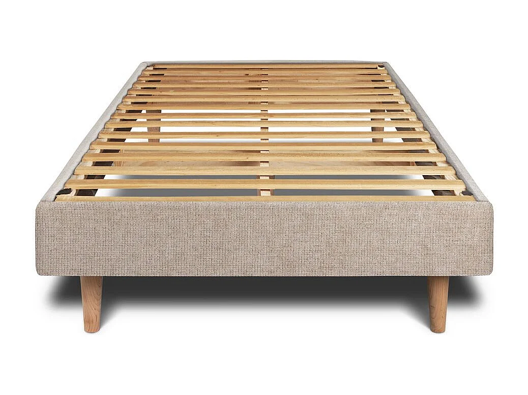 Lit 90x200cm avec tête de lit tapissier tissu et sommier kit beige brun - Hauteur totale : 29cm