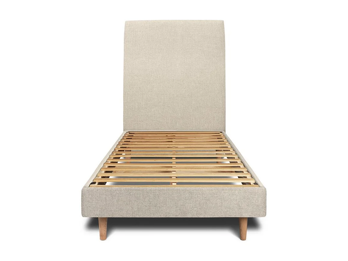 Lit 90x200cm avec tête de lit tapissier tissu et sommier kit Beige clair - Hauteur totale : 29cm