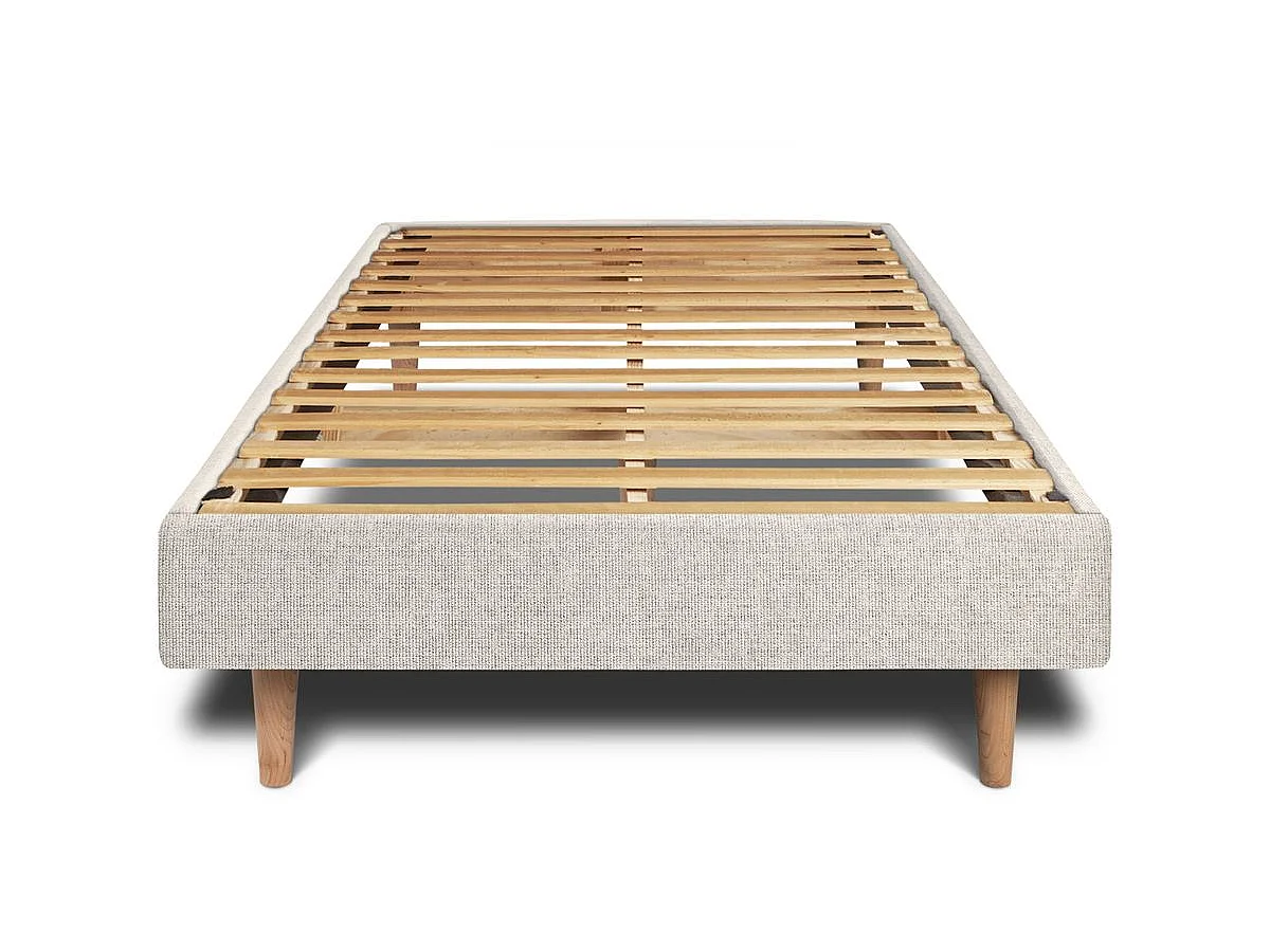 Lit 90x200cm avec tête de lit tapissier tissu et sommier kit Beige clair - Hauteur totale : 29cm