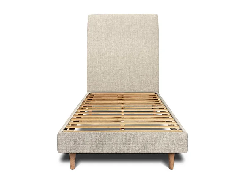 Lit 90x200cm avec tête de lit tapissier tissu et sommier kit Beige clair - Hauteur totale : 29cm