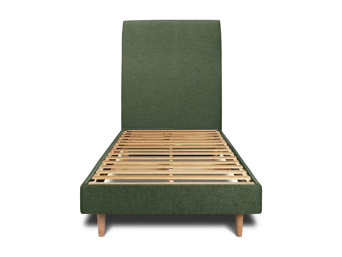 Lit 90x200cm avec tête de lit tapissier tissu et sommier kit vert - Hauteur totale : 29cm