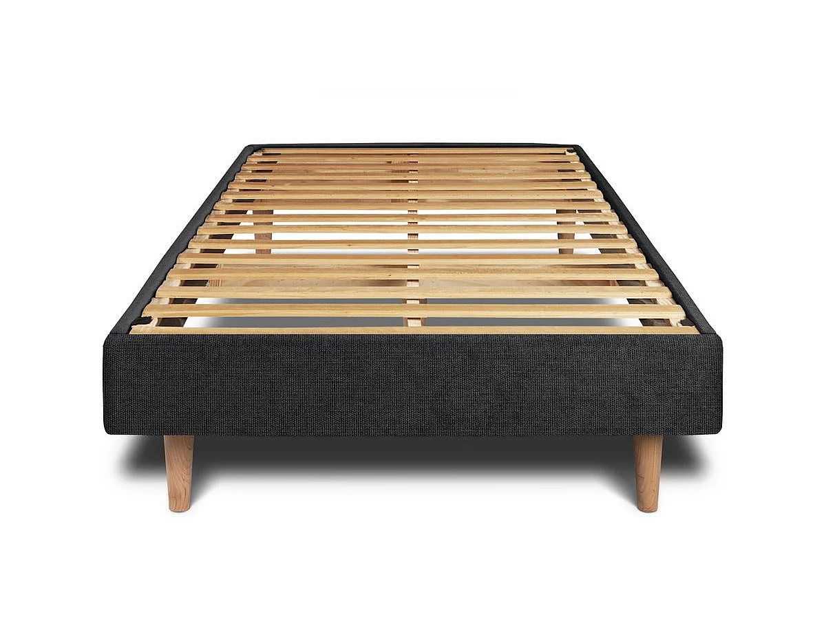 Lit 90x200cm avec tête de lit tapissier tissu et sommier kit Noir - Hauteur totale : 29cm
