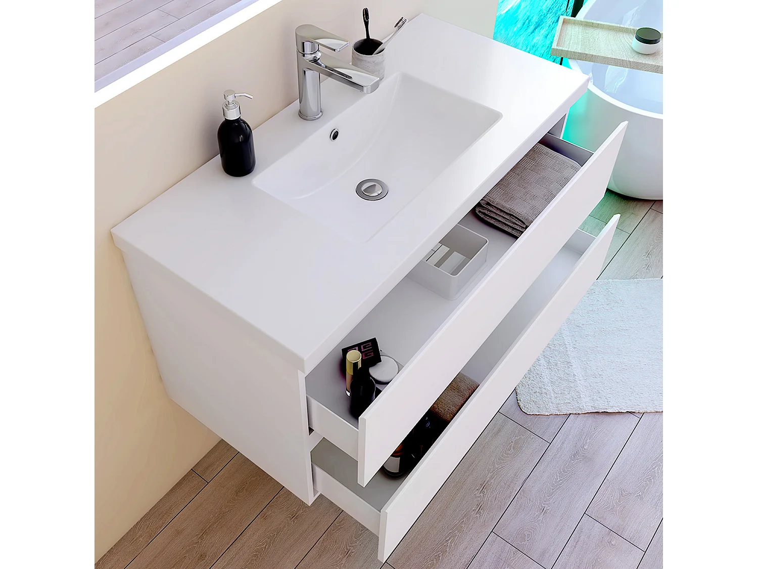 Mobile per bagno sospeso con lavabo da incasso 99 cm bianco
