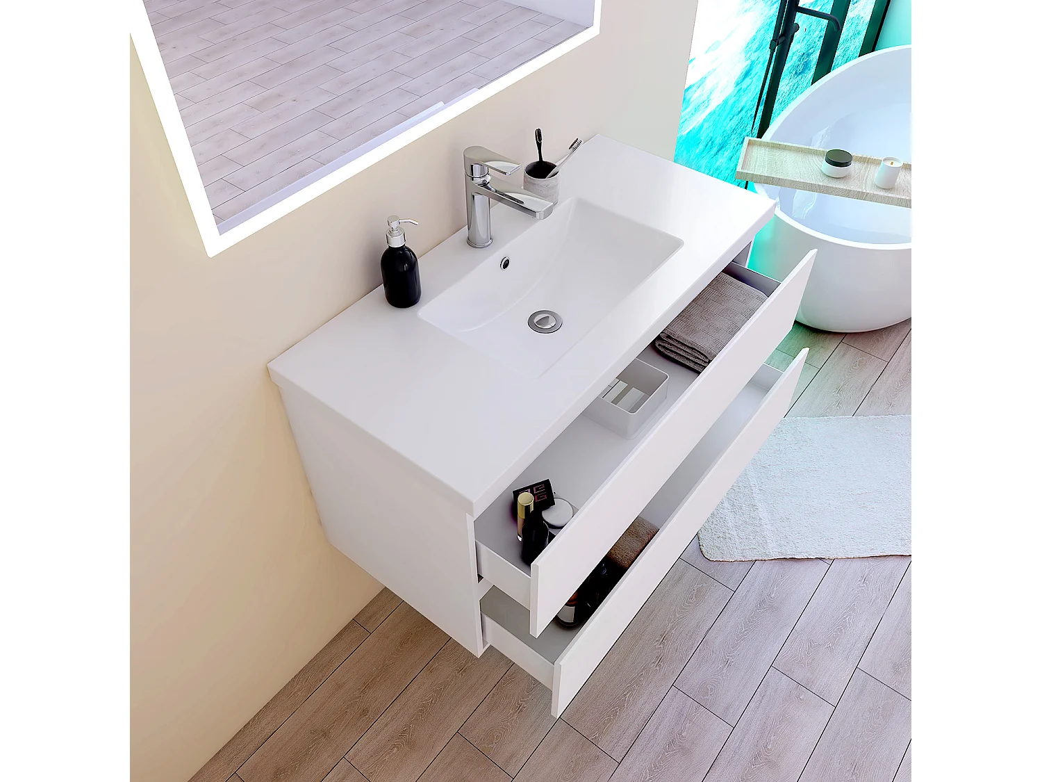 Mobile per bagno sospeso con lavabo da incasso 99 cm bianco