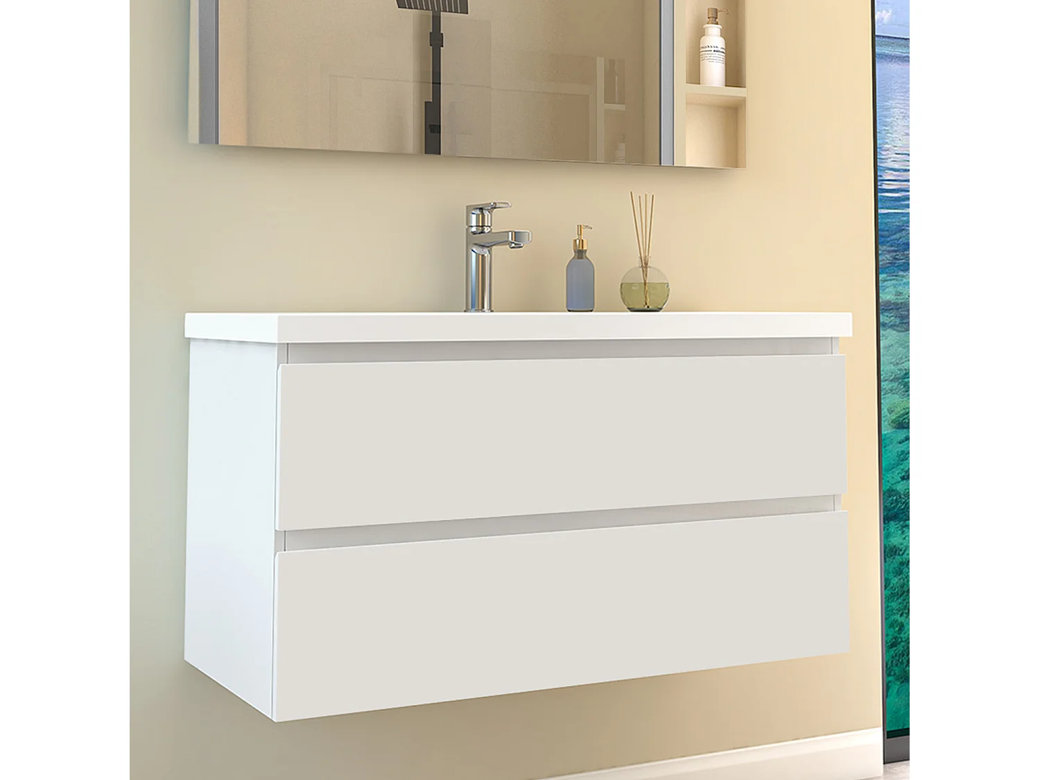Mobile per bagno sospeso con lavabo da incasso 99 cm bianco