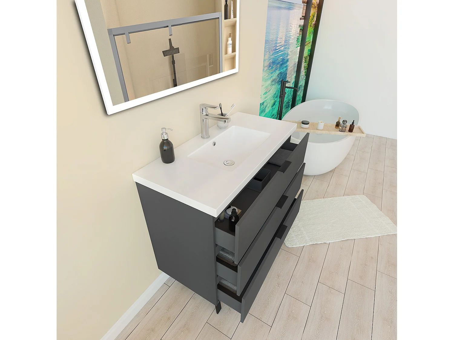 Mobile Bagno Appoggio 99 cm con 3 Cassetti, Lavabo da Incasso Nero