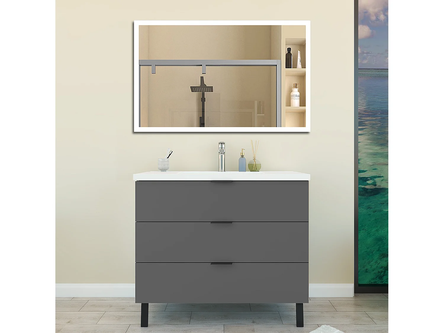 Mobile Bagno Appoggio 99 cm con 3 Cassetti, Lavabo da Incasso Nero