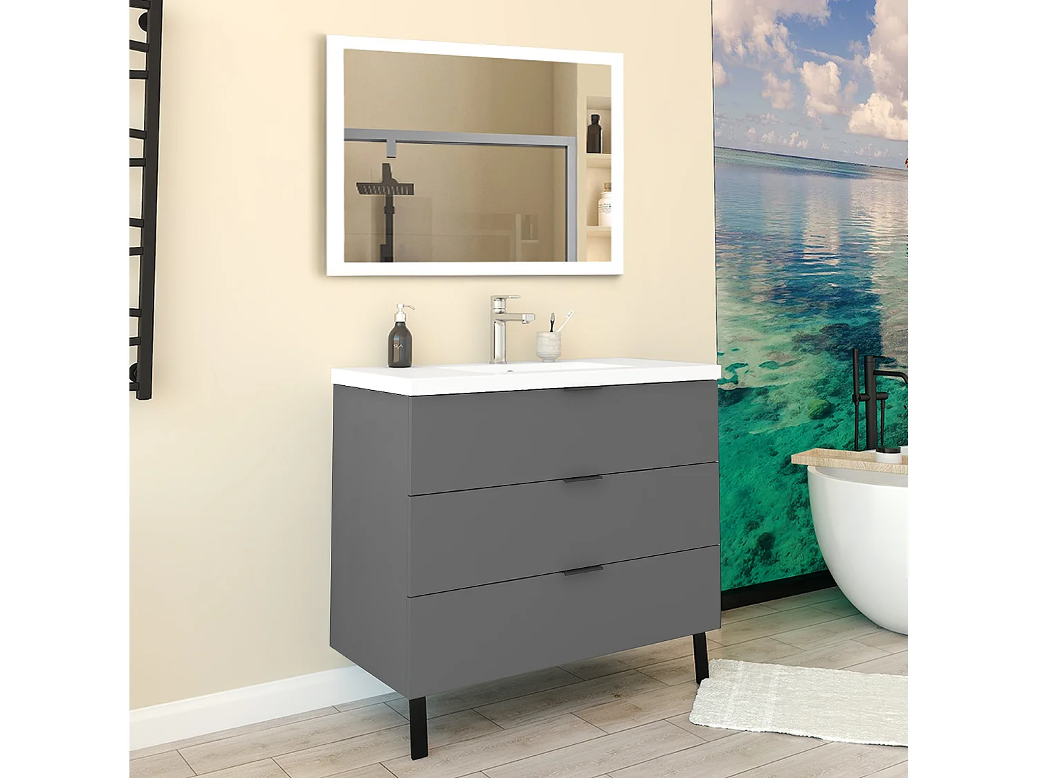 Mobile Bagno Appoggio 99 cm con 3 Cassetti, Lavabo da Incasso, Nero