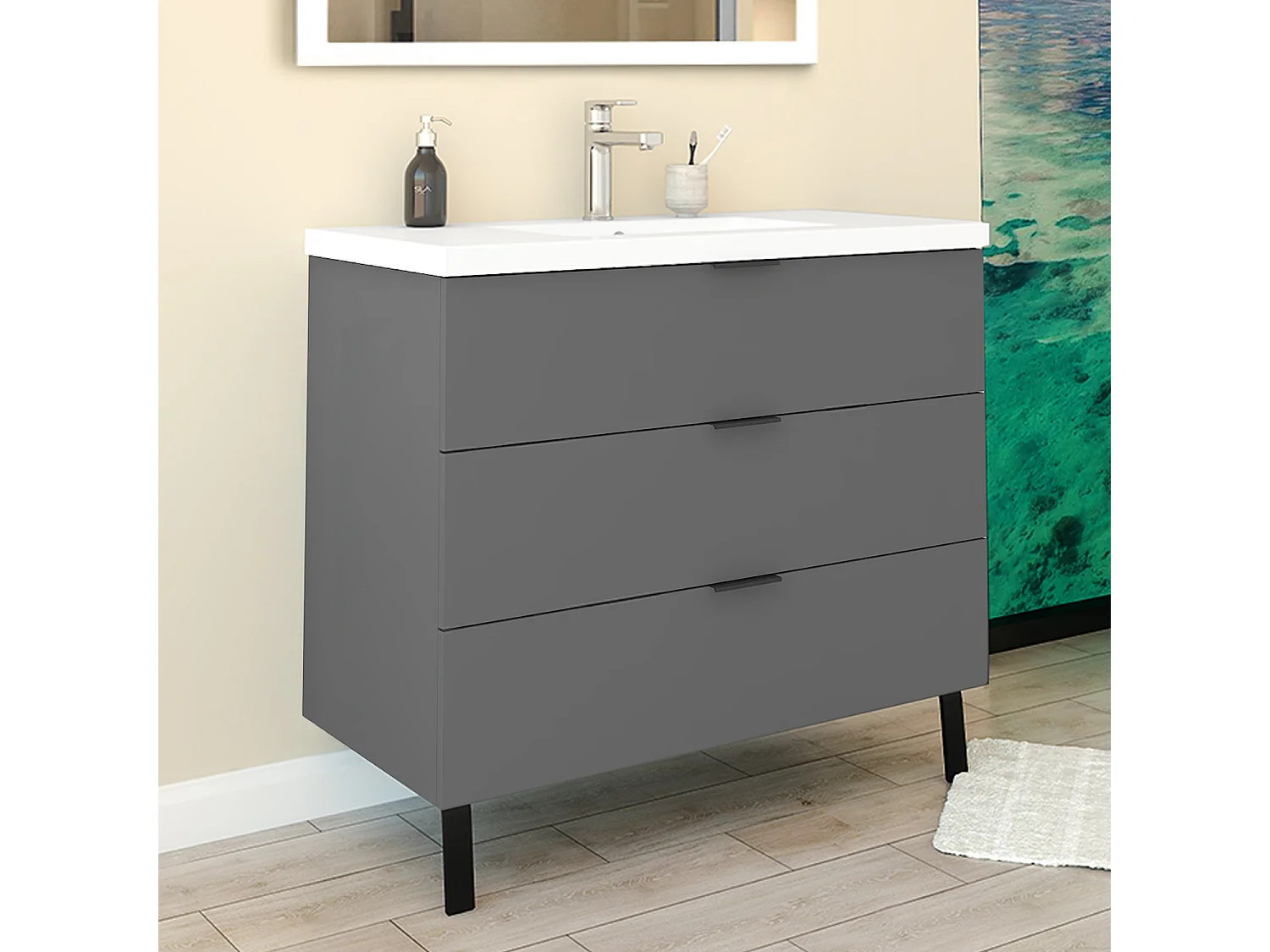 Mobile Bagno Appoggio 99 cm con 3 Cassetti, Lavabo da Incasso, Nero