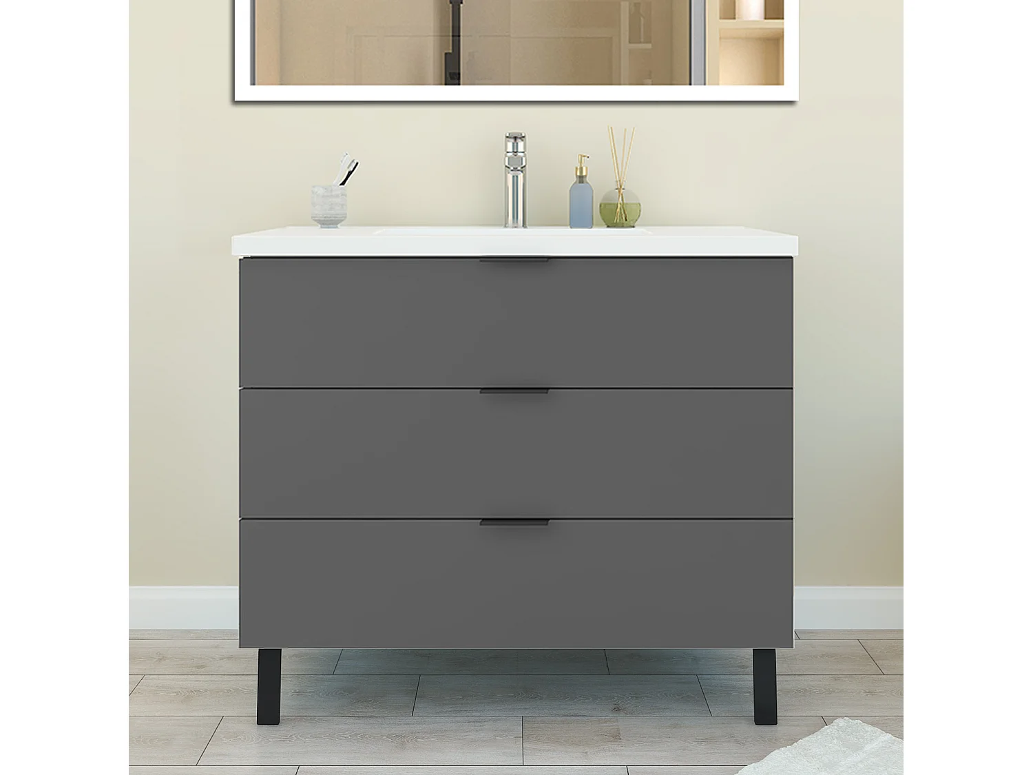 Mobile Bagno Appoggio 99 cm con 3 Cassetti, Lavabo da Incasso, Nero