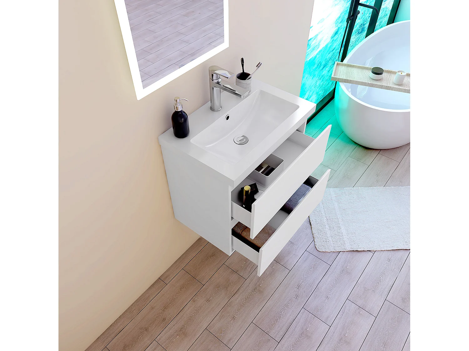 Mobile per bagno sospeso con lavabo da incasso 60 cm bianco