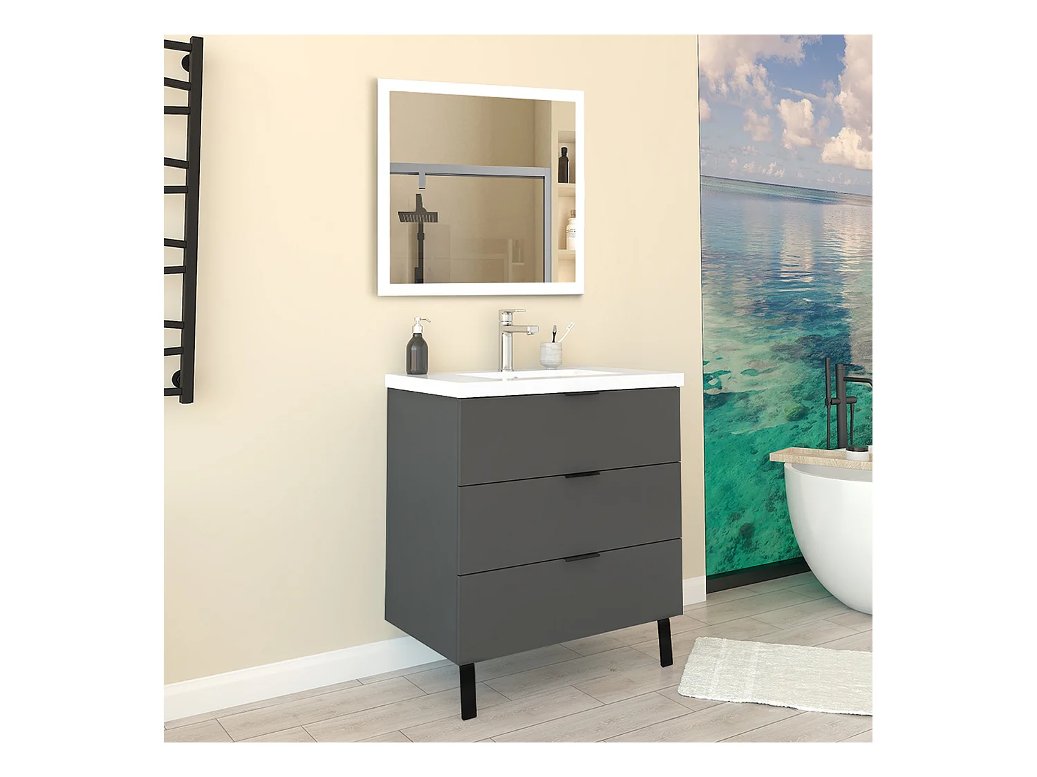 Mobile Bagno Appoggio 80 cm con 3 Cassetti, Lavabo da Incasso Nero