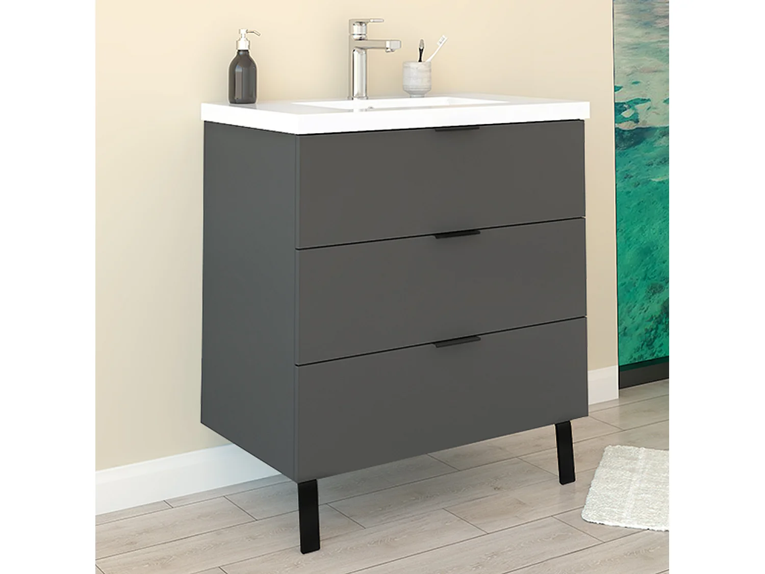 Mobile Bagno Appoggio 80 cm con 3 Cassetti, Lavabo da Incasso Nero