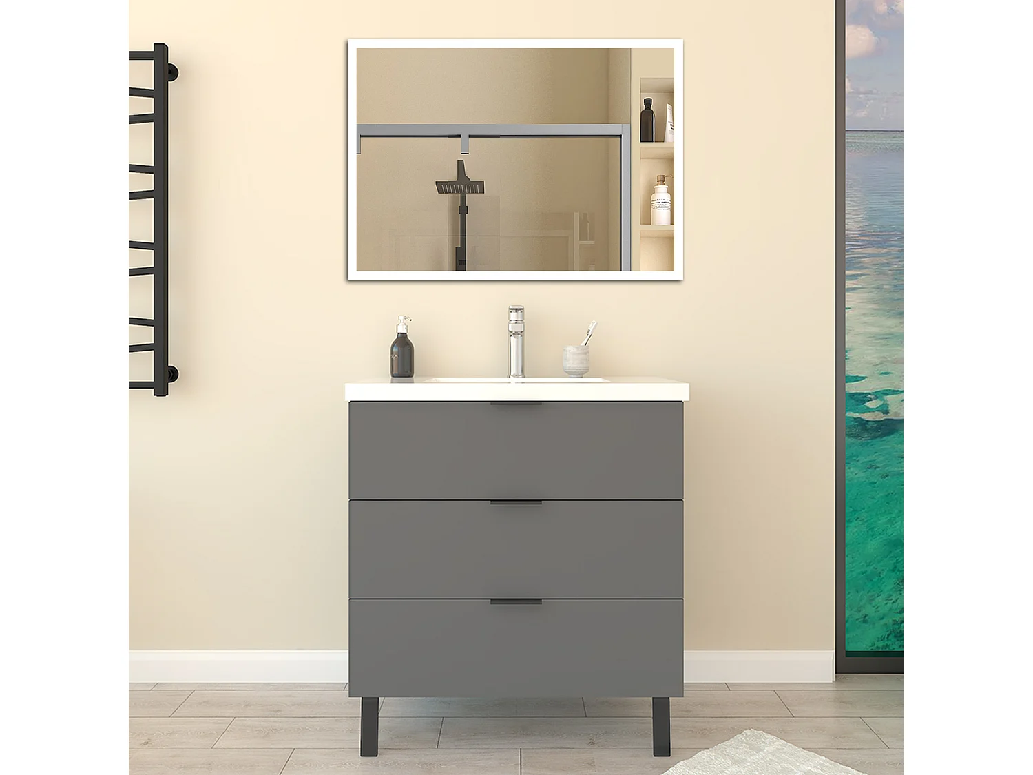 Mobile Bagno Appoggio 80 cm con 3 Cassetti, Lavabo da Incasso Nero