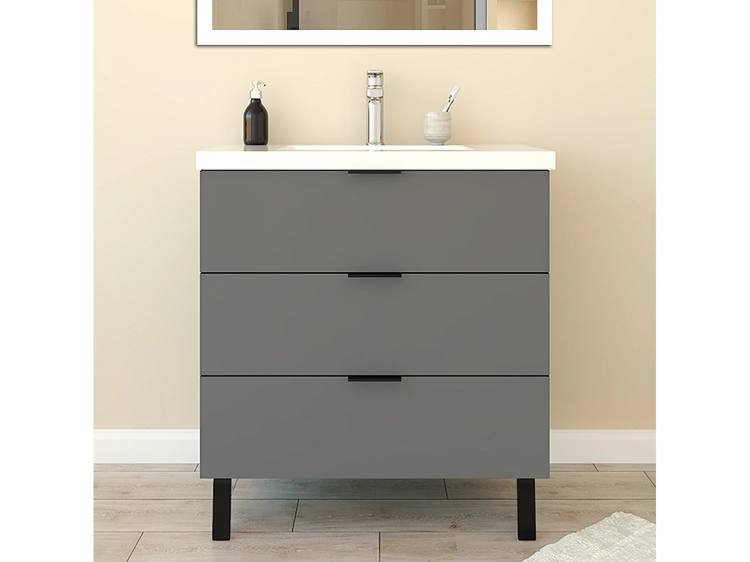 Mobile Bagno Appoggio 80 cm con 3 Cassetti, Lavabo da Incasso Nero