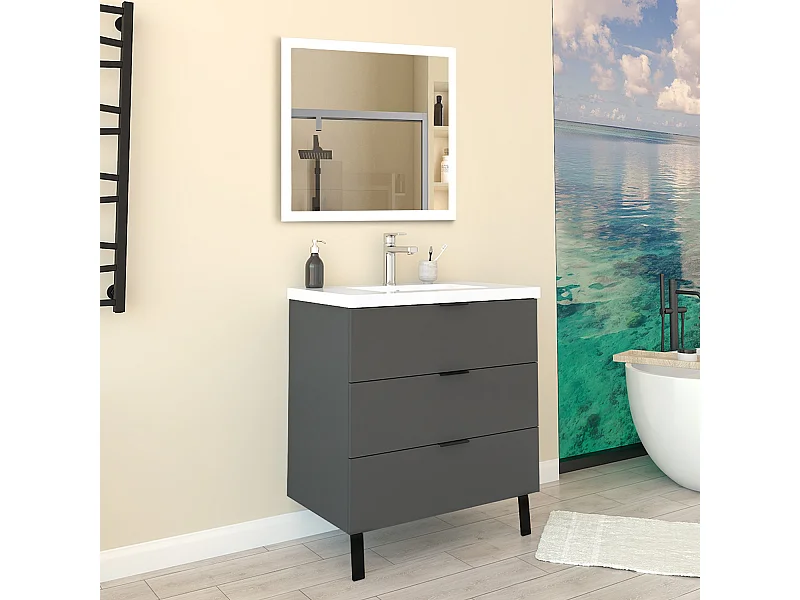 Mobile Bagno Appoggio 80 cm con 3 Cassetti, Lavabo da Incasso Nero