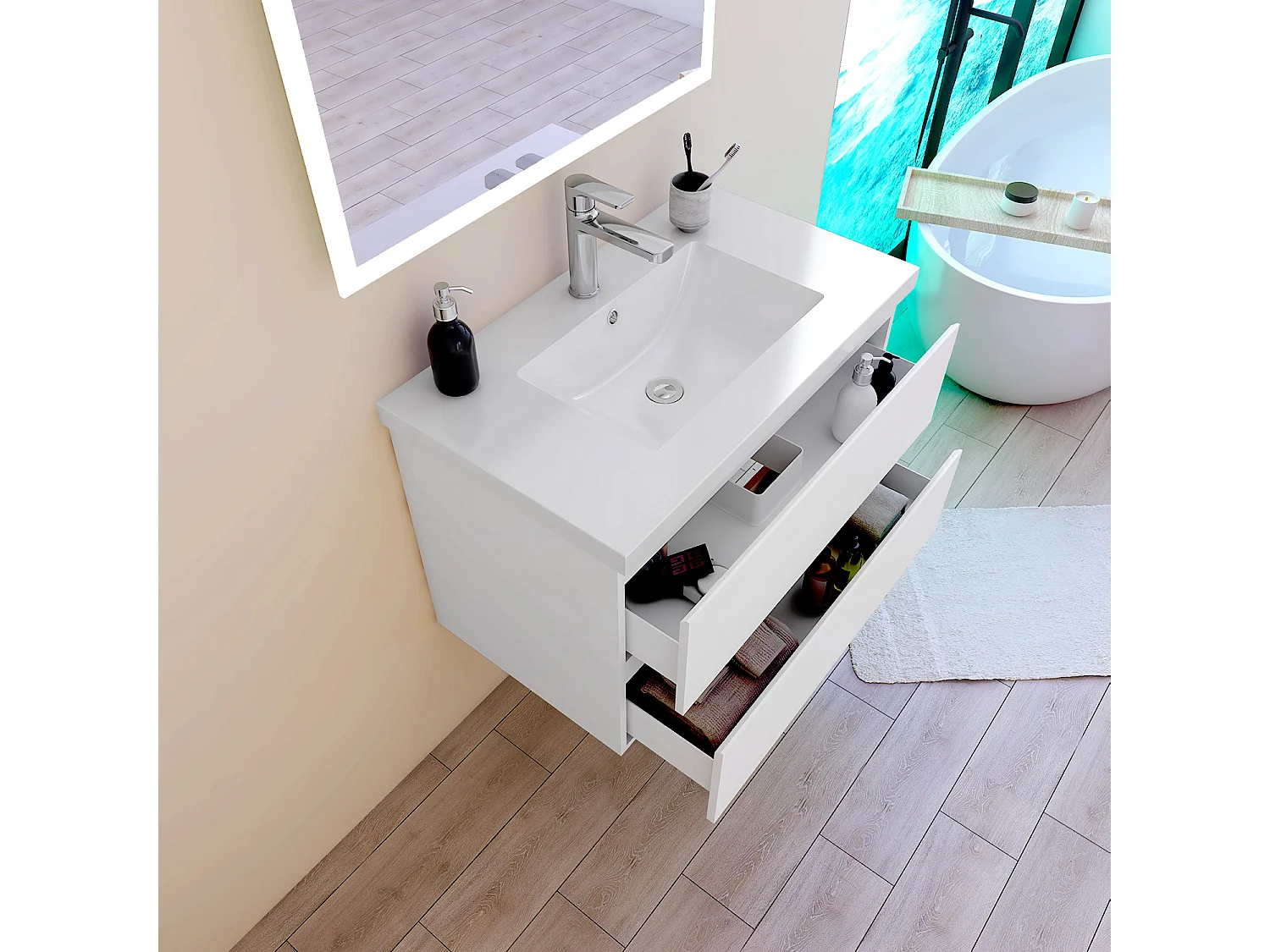 Mobile per bagno sospeso con lavabo da incasso 79 cm bianco