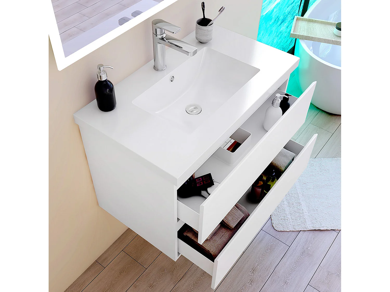 Mobile per bagno sospeso con lavabo da incasso 79 cm bianco