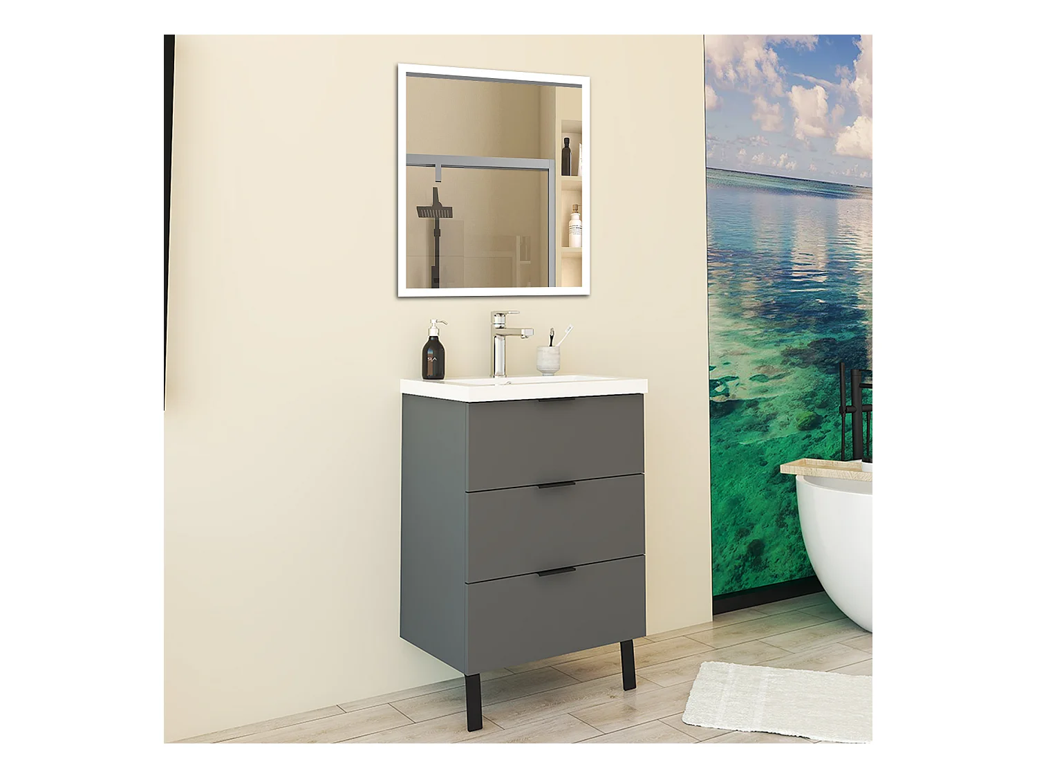 Mobile Bagno Appoggio 60 cm con 3 Cassetti, Lavabo da Incasso Nero
