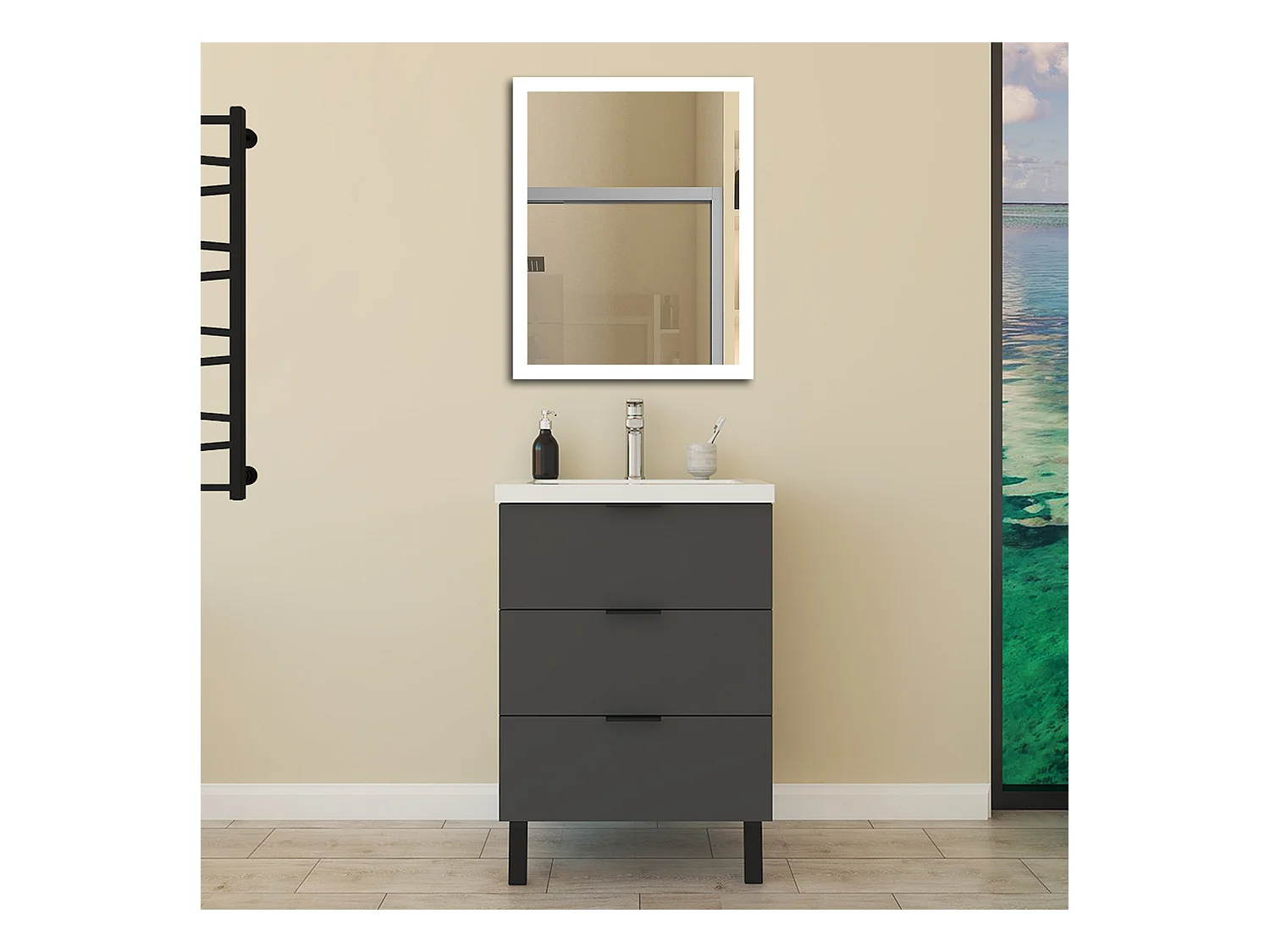 Mobile Bagno Appoggio 60 cm con 3 Cassetti, Lavabo da Incasso Nero