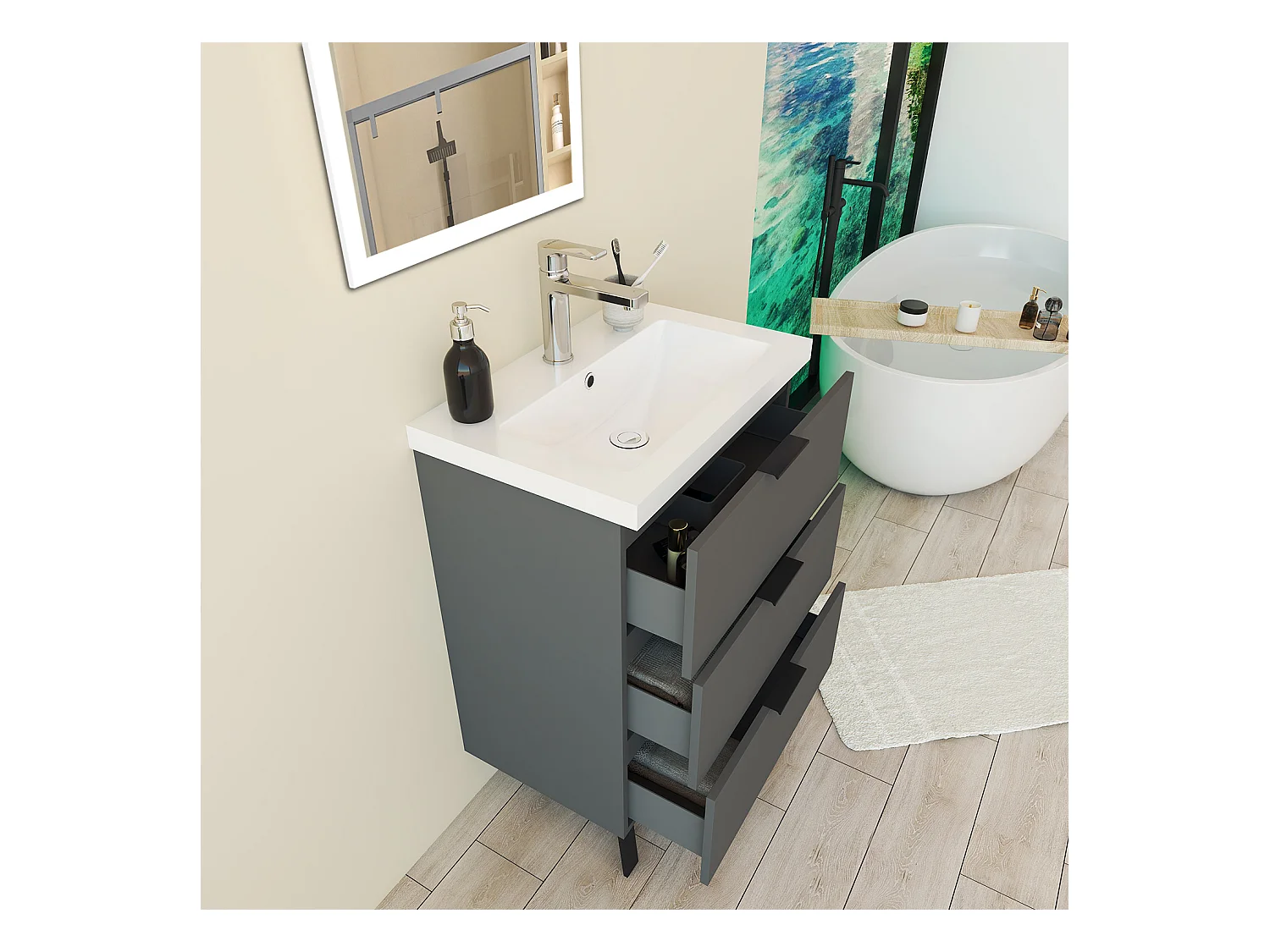 Mobile Bagno Appoggio 60 cm con 3 Cassetti, Lavabo da Incasso Nero