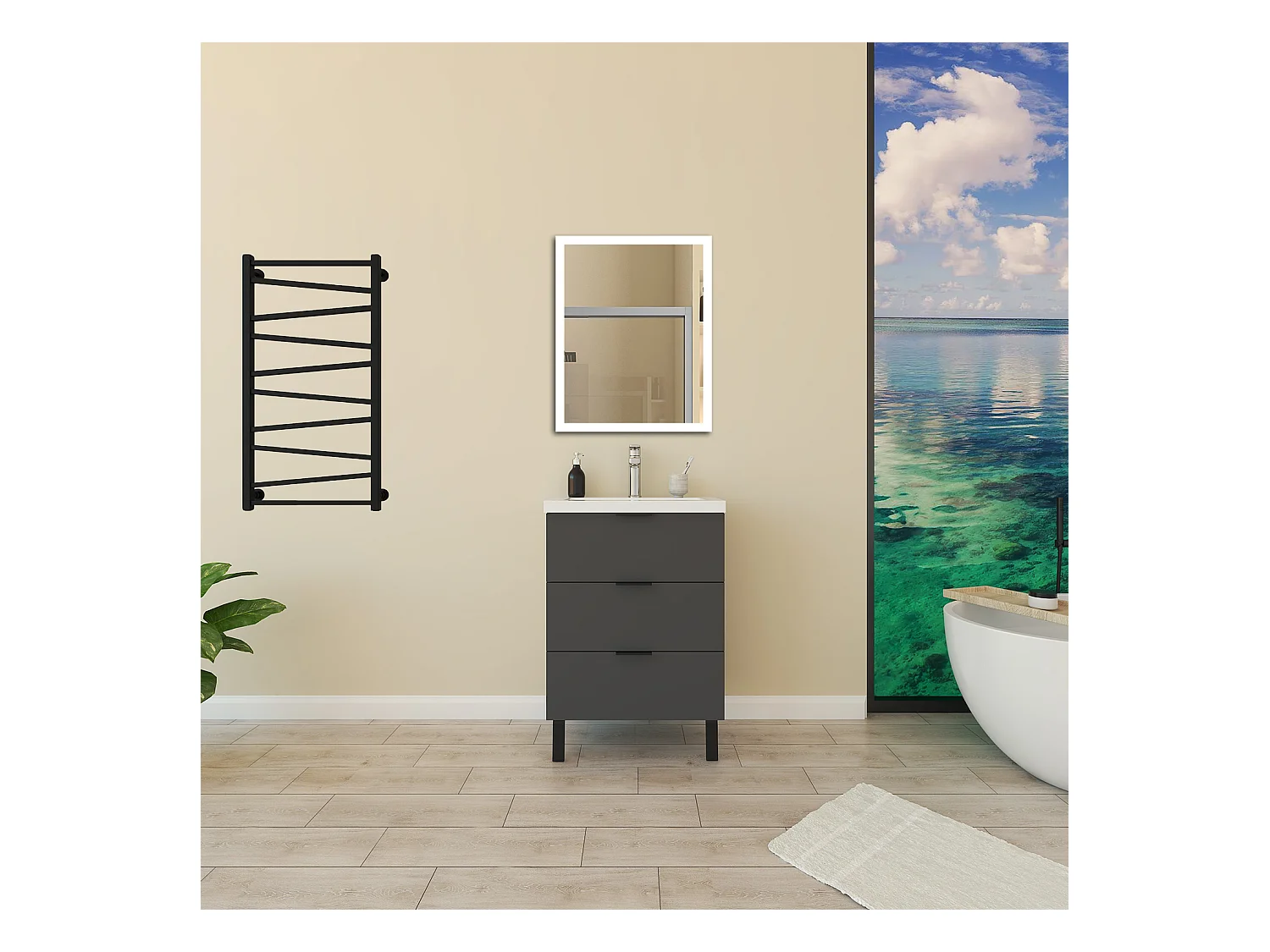 Mobile Bagno Appoggio 60 cm con 3 Cassetti, Lavabo da Incasso Nero