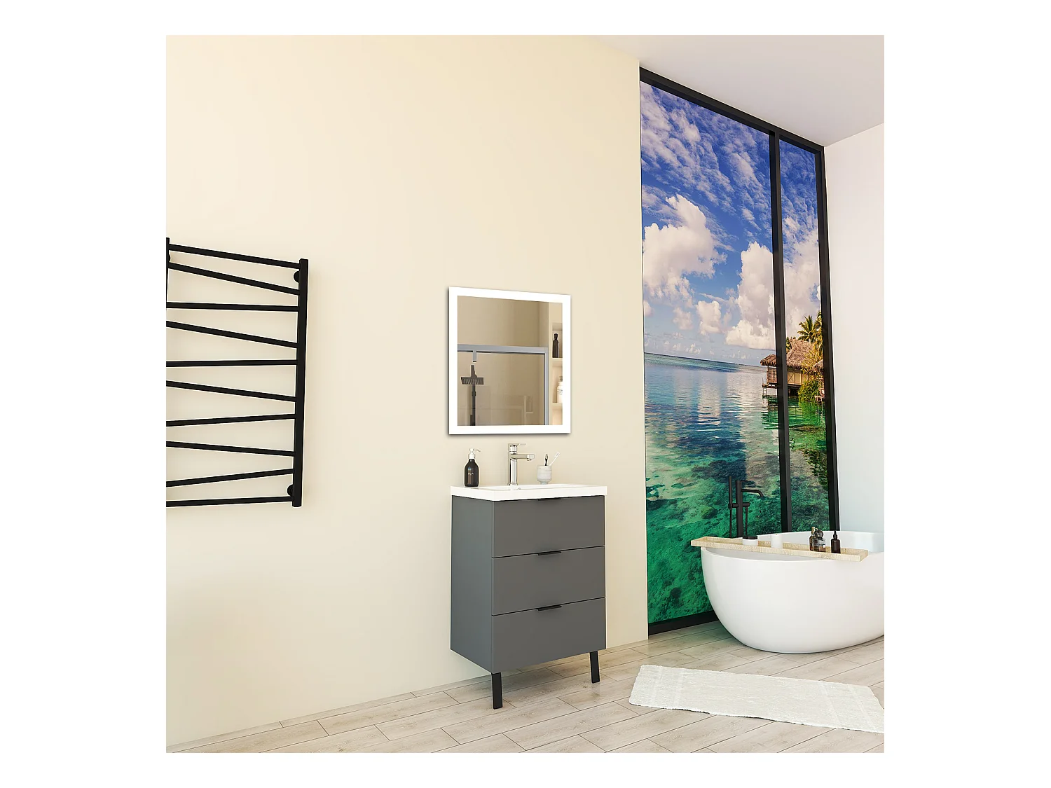 Mobile Bagno Appoggio 60 cm con 3 Cassetti, Lavabo da Incasso Nero