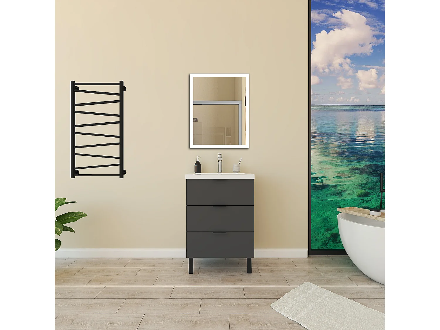 Mobile Bagno Appoggio 60 cm con 3 Cassetti, Lavabo da Incasso, Nero