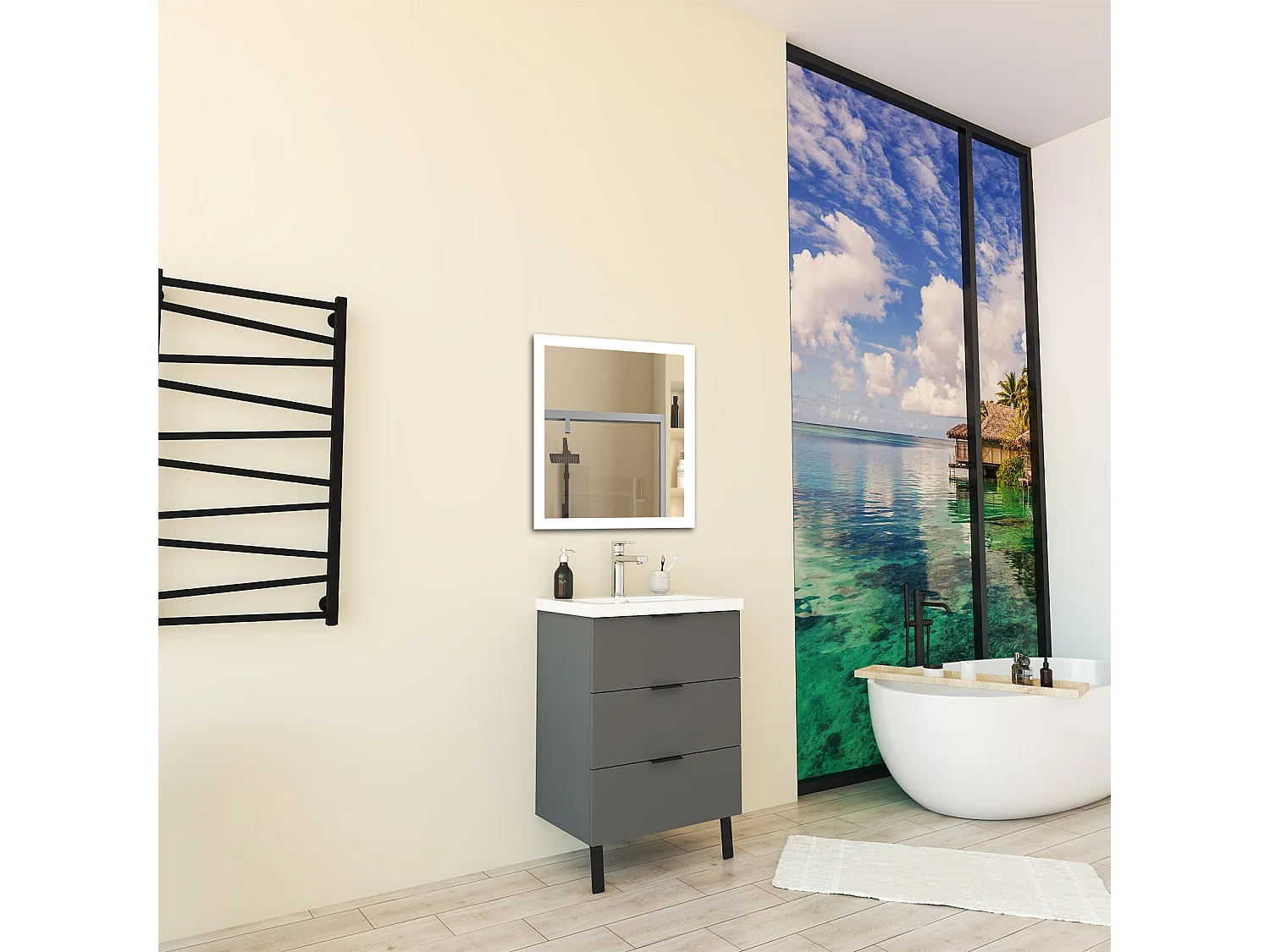 Mobile Bagno Appoggio 60 cm con 3 Cassetti, Lavabo da Incasso, Nero