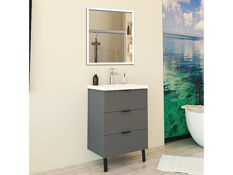 Mobile Bagno Appoggio 60 cm con 3 Cassetti, Lavabo da Incasso Nero