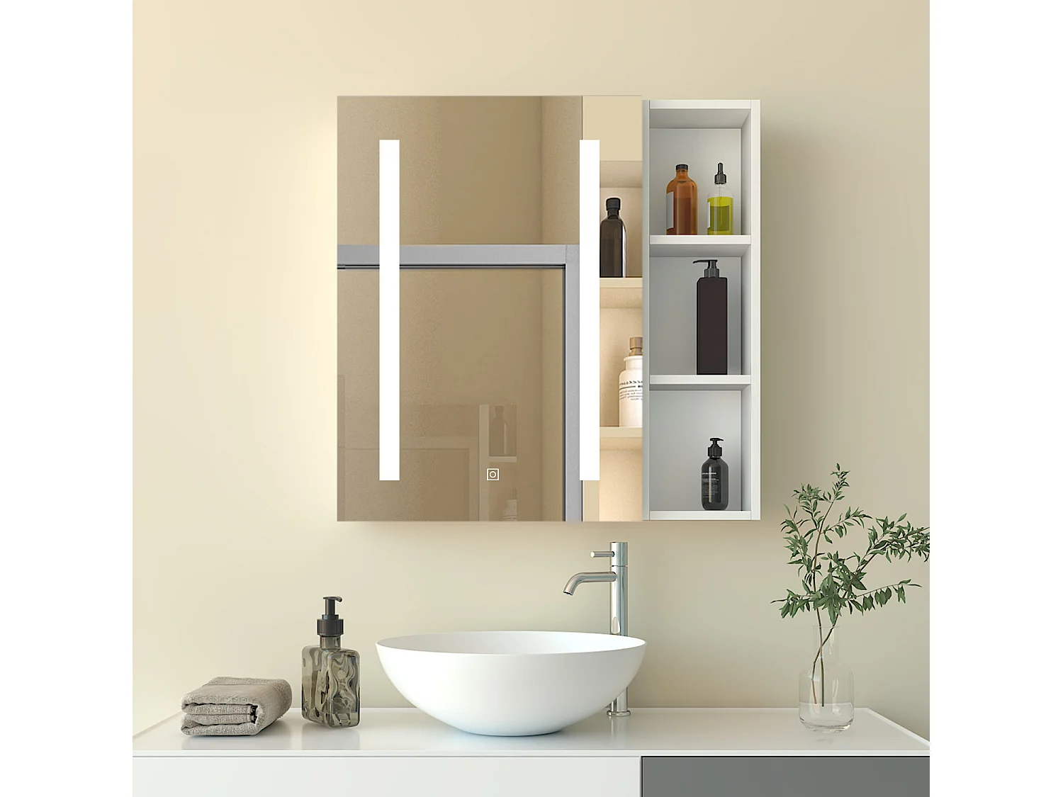 Armadietto a muro da Bagno con Specchio 50x70cm e Pensile Alto, Set Completo, Bianco