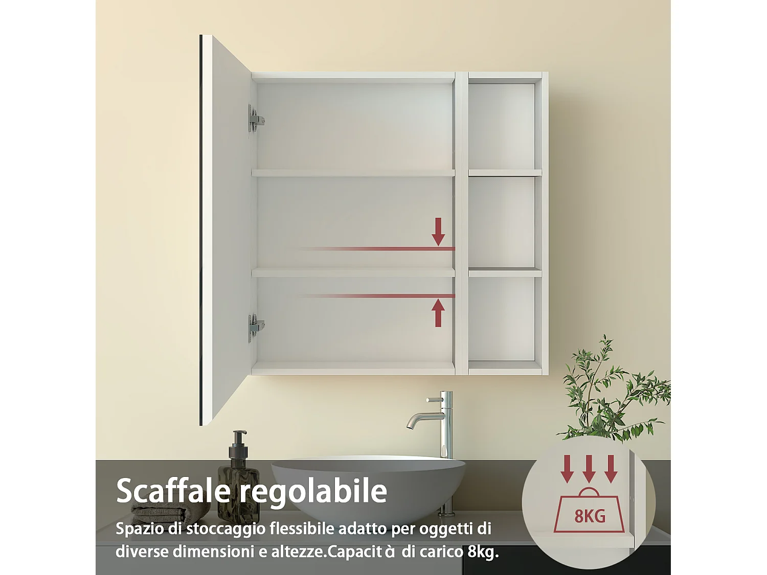 Armadietto a muro da Bagno con Specchio 50x70cm e Pensile Alto, Set Completo, Bianco